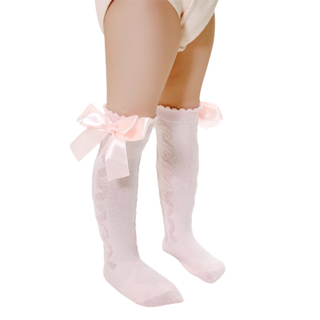 FOCUSNORM Baby Girls Knee High Socks Cable Knit Cotton Socks with Bow