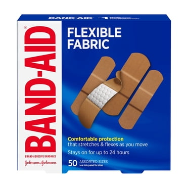 Pansements adhésifs en tissu Band-Aid, tailles assorties, 50 unités – Tissu à mémoire de forme pour un ajustement confortable, retrait en douceur, protège les petites coupures et éraflures