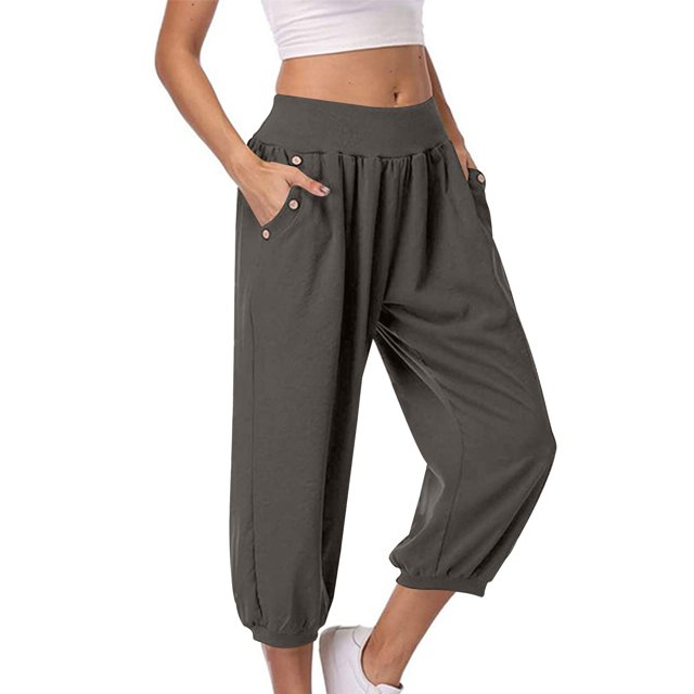 Timegard Womens Capri Pants Elastic High Waist Button Comfy Solid Color Casual Crop Pants with Pockets