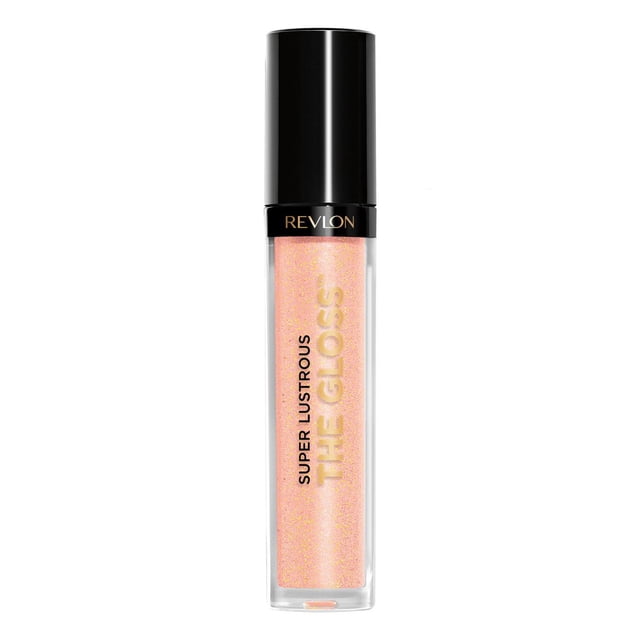Revlon Super Lustrous™ The Gloss lip gloss in a clear rectangular tube with a black cap, featuring a shimmering peachy-pink shade that provides lightweight, shiny colour with hydration and a moisturizing complex of Vitamin E and avocado oil for plumped, glossy lips.