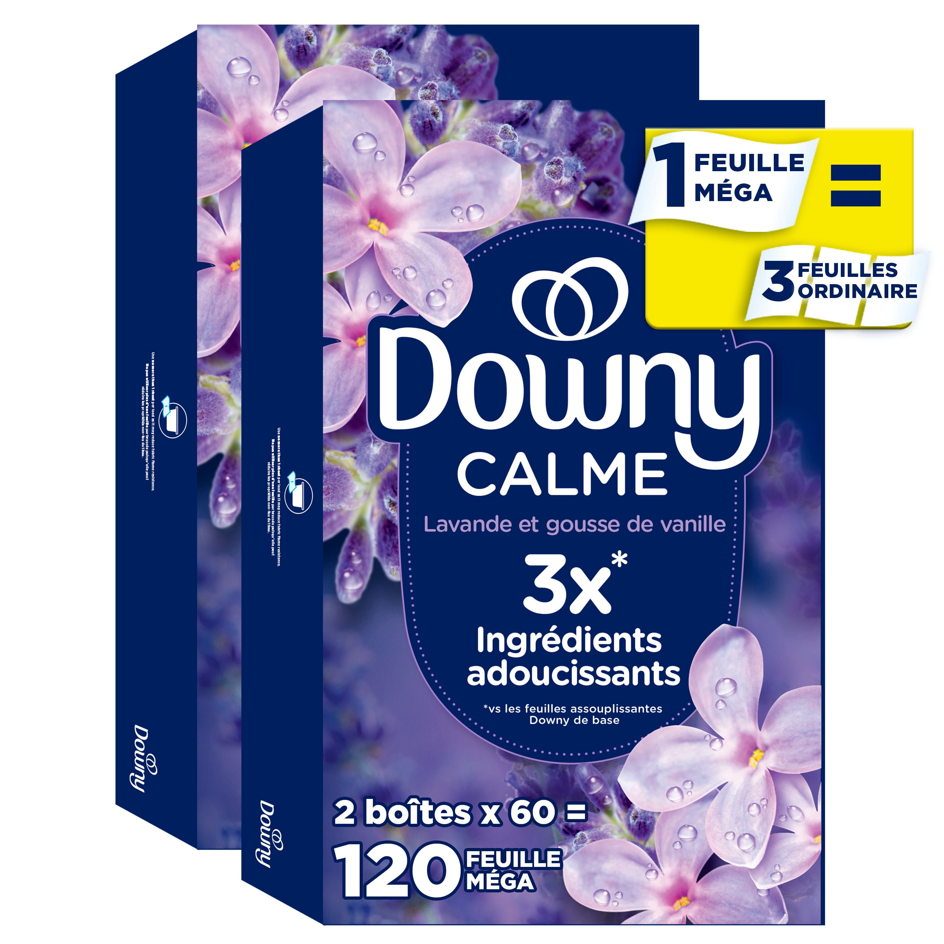 Downy Calme, Feuilles Assouplissantes Méga pour Sécheuse, Assouplissant pour la Lessive, Lavande et Gousse de Vanille 120CT