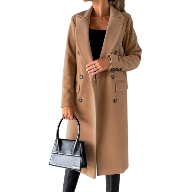 LUXUR Women Double-breasted Outwear Button Down Autumn Overcoats Khaki M