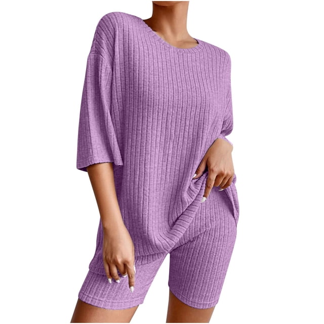 Mikilon Pyjama Décontracté pour Femmes, Ensemble de Nuit d'Été, Confortable, Coupe Ample, Col Rond, Ensemble Deux Pièces, Manches Courtes, Blouse/chemise à Col Rond, Violet, TP