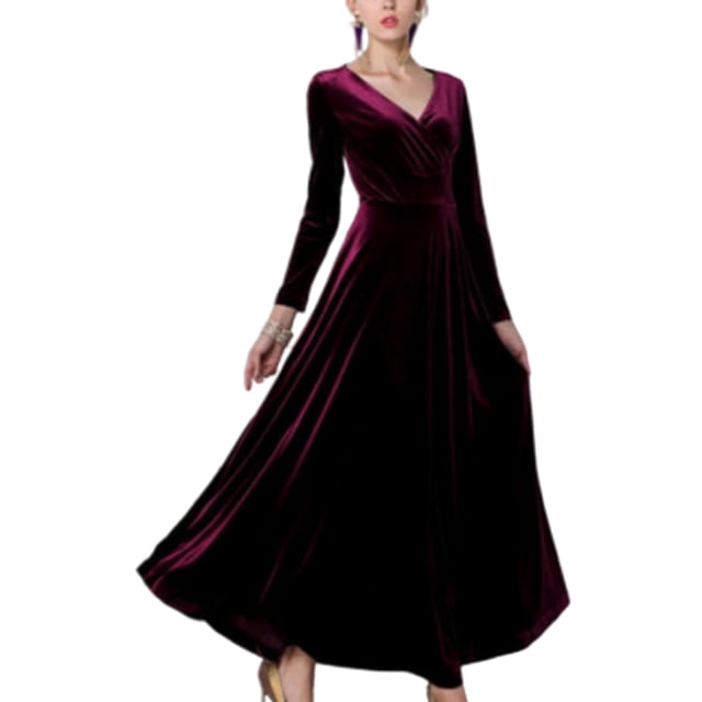 MAWCLOS Robe Femme Ligne A Manches Longues Robes Maxi Col en V Confortable Fête Couleur Unie Rouge Vin 3TG