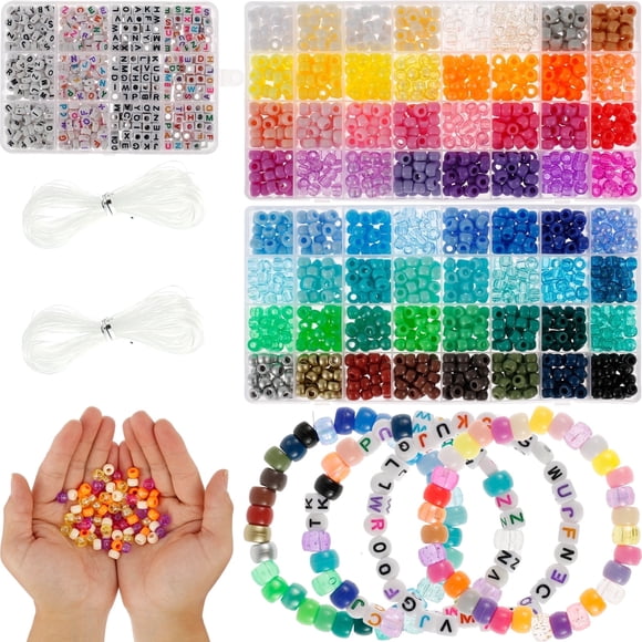Jetcloudlive 1977 Pcs Kit de Perles Pony pour Fabrication de Bracelets 64 Couleurs 9mm Ensemble de Perles Kandi Perles Pony en Plastique en Vrac avec 375 Pcs Perles Lettres Ficelle Élastique Bricolage Bracelets Perles Bijoux