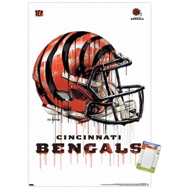 NFL Cincinnati Bengals - Affiche Murale « Drip Helmet 20 » avec Cadre Magnétique, 22,375 Po x 34 Po Présentant un Casque de football des Cincinnati Bengals Stylisé à Rayures orange et Noires avec Effet de Peinture Goutte à Goutte, Texte Audacieux « Cincinnati Bengals » Ci-Dessous, et de Petits logos d'Équipe dans les Coins Supérieurs sur Fond Blanc, Imprimé sur du Papier d'Affiche Lustré, Convient à la Décoration Murale de la Maison Ou du Bureau