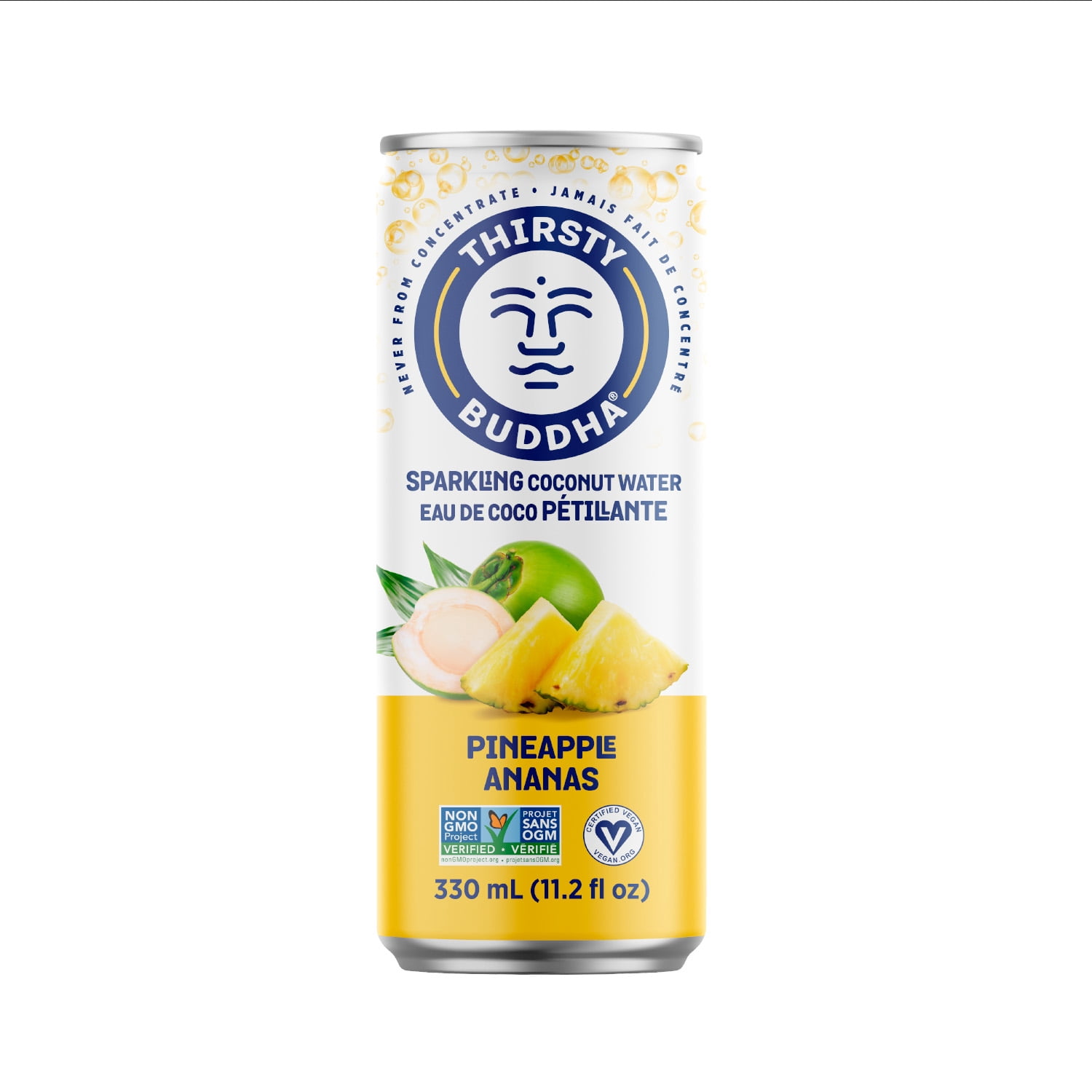 Thirsty Buddha Eau de Coco Pétillante à l'Ananas, Sans Sucre Ajouté, Sans OGM, Certifié Végétalien, Canette330ml