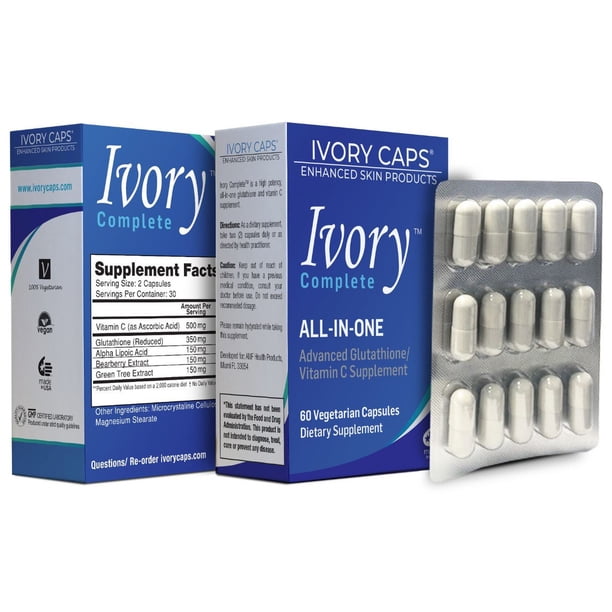 Ivory Caps Ivory Complete ALL-IN-ONE Advanced Glutathione/Vitamin C Supplement with Alpha Lipoic Acid, Bearberry Extract and Green Tea Extract