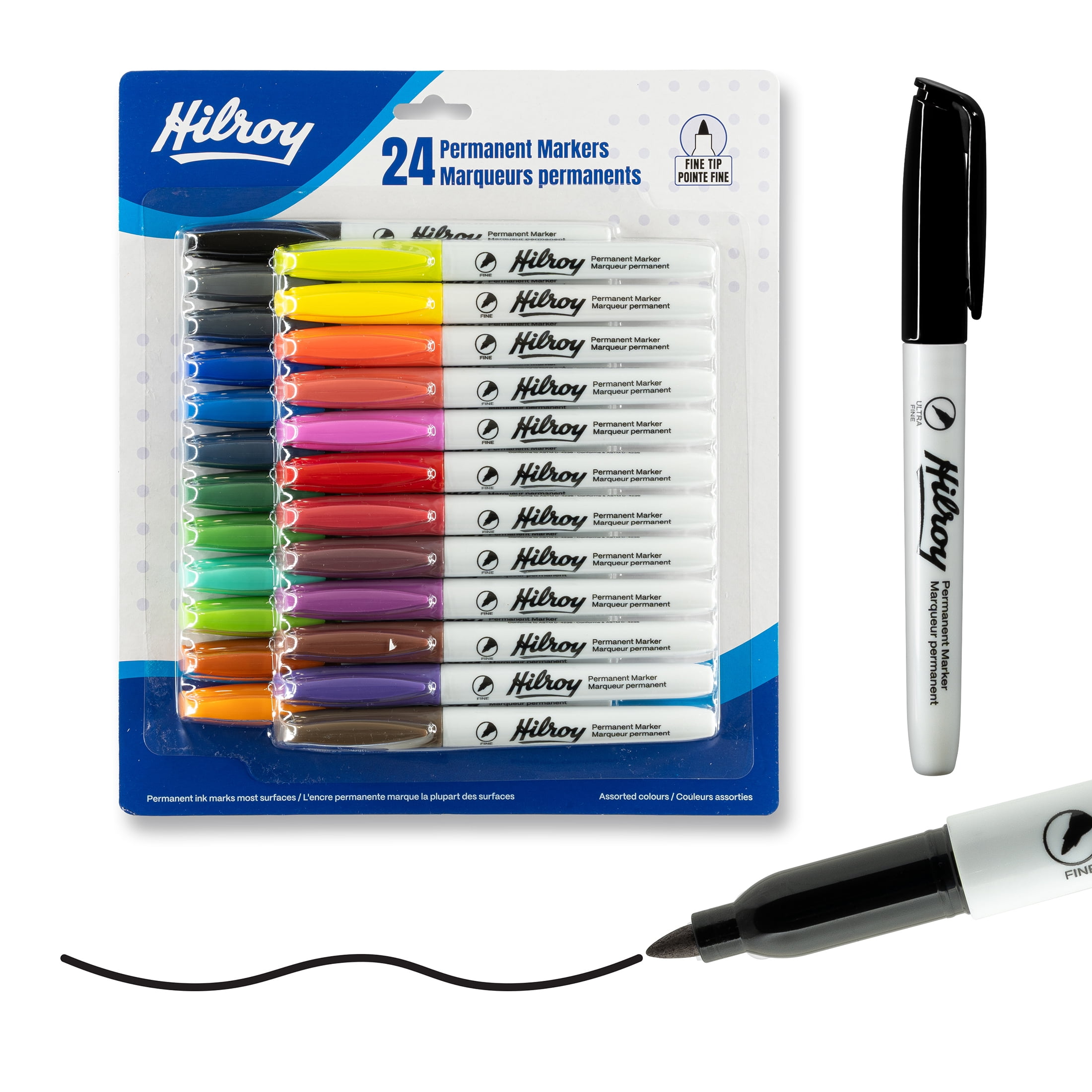 Hilroy Permanent Markers, Permanent Marker, Low Odour Ink, Fine Point, Assorted Colours, 24 Pack