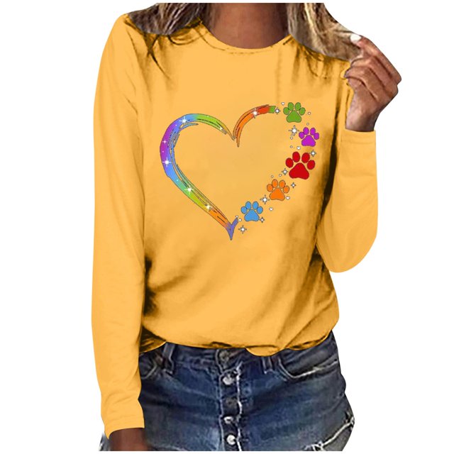 Pisexur Hauts d'Automne pour Femmes Mode Mignon Cœur Graphique Imprimé T-Shirt Hauts Col Rond Manches Longues Chemises pour Femmes Habillées Décontractées Sorties Hauts Confort Polyvalent Léger T-Shirts