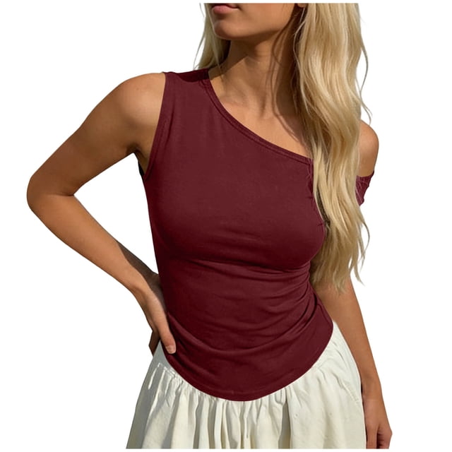 StSilkitty Womens One Shoulder Shirts Summer Solid Color Sleeveless Blouses Lightweight Soft Comfy Tops