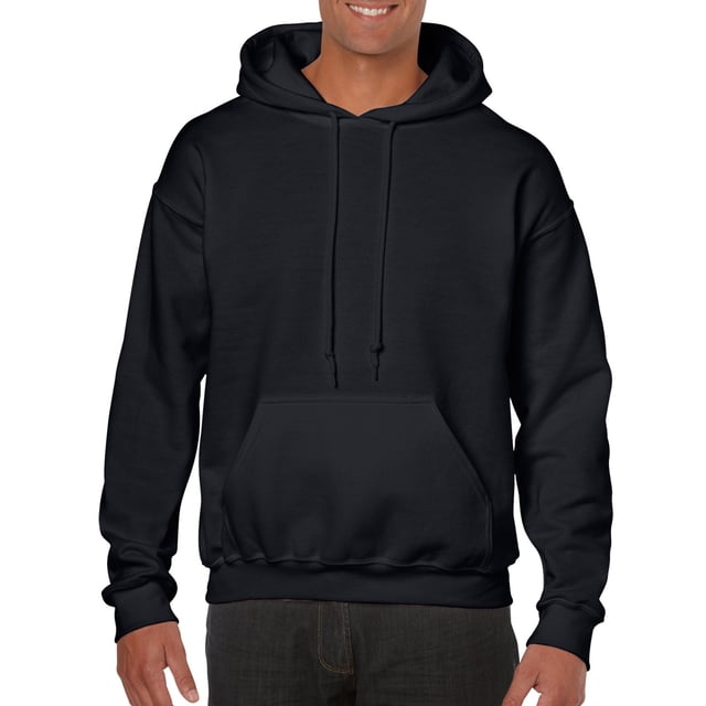Gildan Mens Heavy Blend Hooded Sweatshirt in black, size L, a men's hoodie with a double-lined hood, matching drawcord, pouch pocket, and 1x1 ribbed cuffs and waistband with spandex. Made from 50% cotton and 50% polyester with pill-resistant air jet yarn and double-needle stitching throughout.