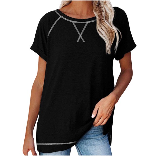 Timegard Hauts pour Femmes Décontractés Amples Confortables Col Rond Manches Courtes Fente Latérale Hauts T-Shirt Mode Été
