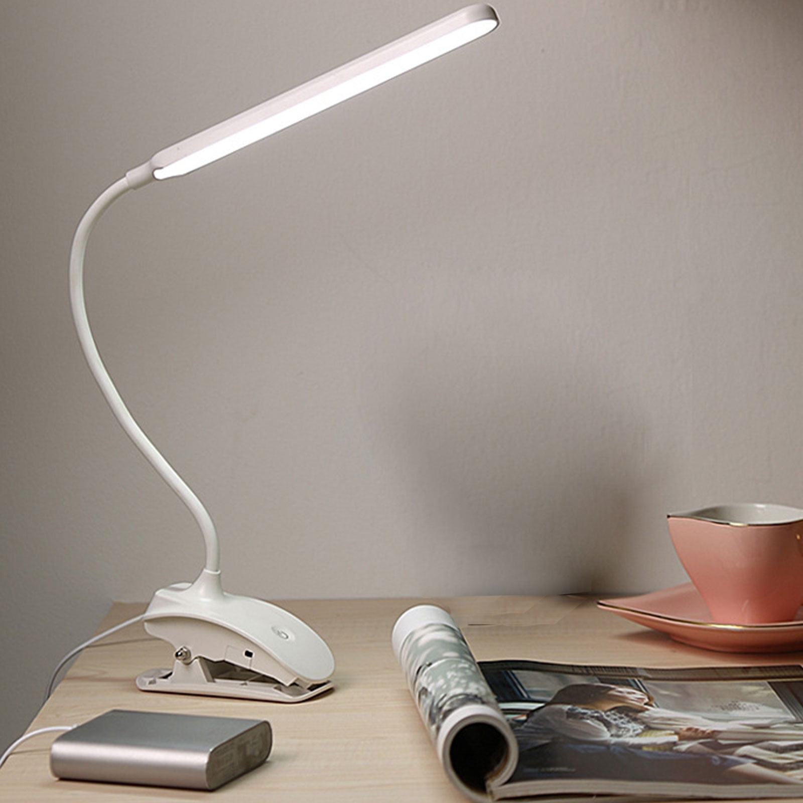 Acsin USB Rechargeable LED Desk Lamp Clamp – Flexible Arm, 24 LEDs, 3 Modes & 3 Brightness, Touch Sensor, Eye-Caring, For Reading, Study, Bed (White)