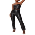 thumbnail image 4 of Women‘s PU Leather Pants Retro High Waist Straight Pants Trousers with Pockets, 4 of 5
