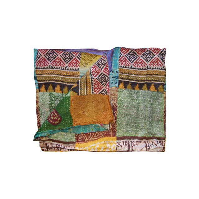 KANTHA SILK THROW BLANKET 60"X90" folded with a colorful patchwork of quilted silk panels featuring hand-stitched details in red, green, yellow, blue, and brown, handcrafted in India, suitable as a blanket, wall hanging, or table cover.