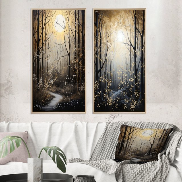 Designart "Forest Tree Monochrome Moonlit Forms II" Tree Monochrome Framed Wall Art Set Of 2 - Gold Floral Framed Canvas Set For Living Room Decor