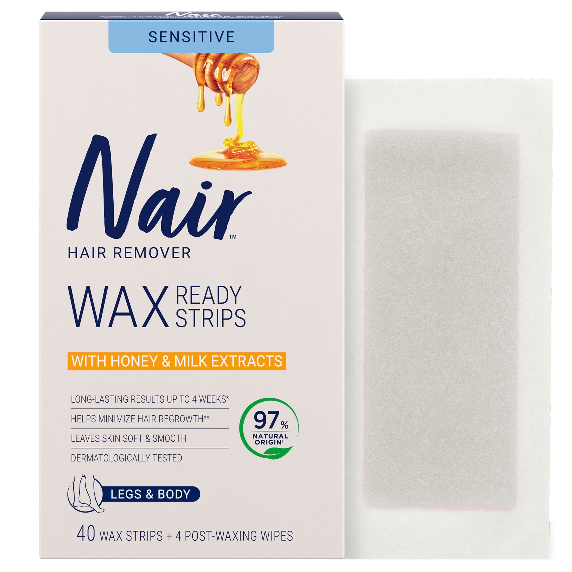 Nair Lot de 40 bandes de cire pour jambes et corps au lait et au miel + 4 lingettes de finition