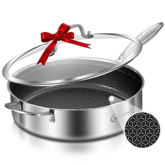 LOLYKITCH 6 QT Large Skillet with Lid, 12 Inch Nonstick Deep Frying Pan, Tri-Ply Stainless Steel Hybrid Saute Pan for Family Meals, Induction Oven Compatible Ceramic Coa