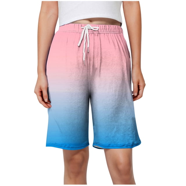 Plebaso Womens Casual Shorts Knee Length Drawstring Shorts Gradient Color Summer Wide Leg Shorts S-5XL