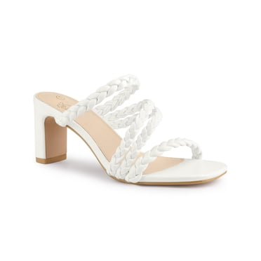 BLISSFUL STEP Sandales à Talon Bloc à Bout Carré Tressées pour Femmes Blanc (Taille 8,5)