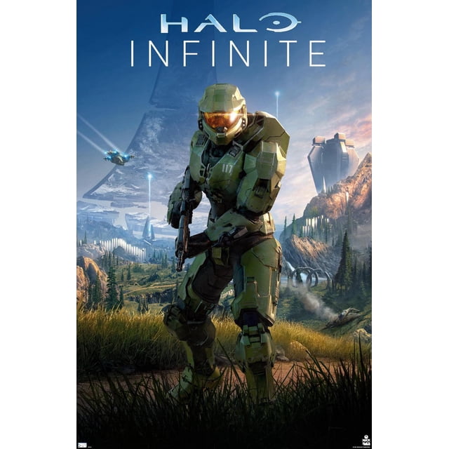Halo Infinite - Primary Vertical Wall Poster depicting a front-facing green-armored soldier holding a rifle, standing in a grassy field with a futuristic mountainous landscape, flying vehicles, and a large ring structure in the sky under a blue sky, ideal for gaming room decor.