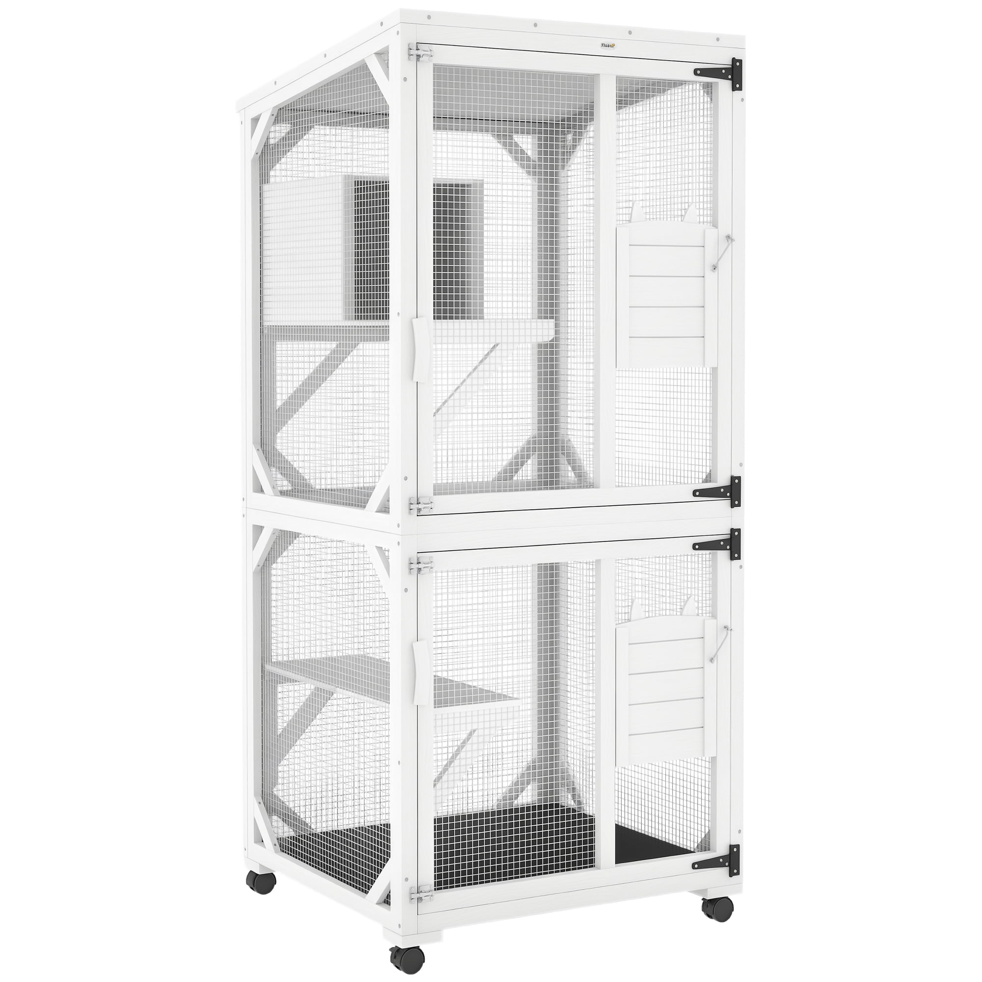 PawHut Maisonnette Extérieure pour Chat, Grand Catio avec Roues, Coffre de Repos, Blanc