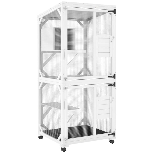 PawHut Maisonnette Extérieure pour Chat, Grand Catio avec Roues, Coffre de Repos, Blanc