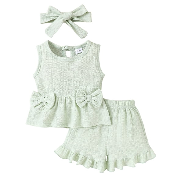 Splozh Toddler Girl Summer Clothes Baby Girl Clothes Toddler Summer Outfits Cute Bow Sleeveless Top and Ruffle Shorts 3pc Set Light Green,12-18 Months