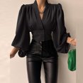 thumbnail image 2 of CEHVOM Women Spring Casual Solid V Neck Lantern Long Sleeve Buttons Pullover Blouse Shirt Draw Back Short Tops, 2 of 7