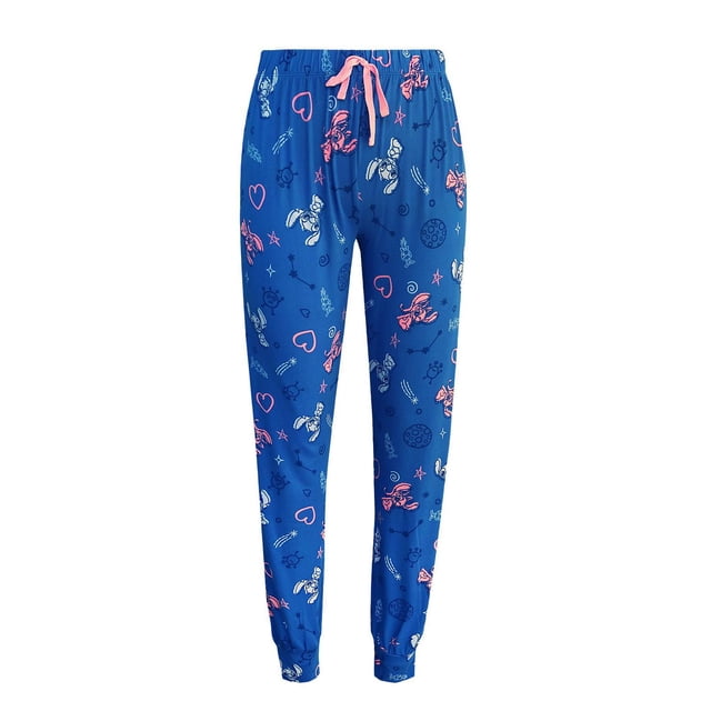 Lilo & Stitch Knit Sleep Pant - Adults in blue knit fabric with pink drawstring waistband, featuring all-over pink and white Stitch character prints, hearts, stars, and moon motifs, elastic ankle cuffs for a relaxed fit, suitable for women's sleepwear and lounging.
