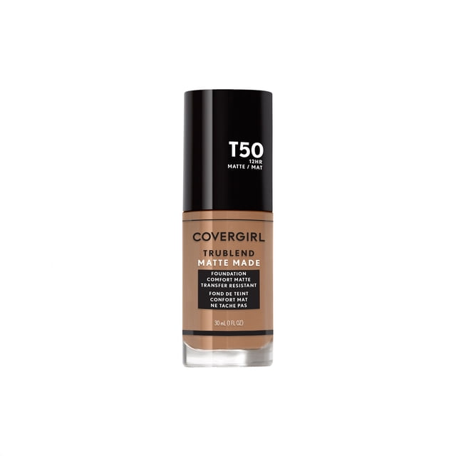 COVERGIRL Trublend Matte Made Foundation in shade T50, 30 ml liquid foundation with black cap, providing up to 12 hours of transfer-resistant, comfort matte wear that minimizes pores and controls oil for a natural matte finish suitable for normal to oily skin.