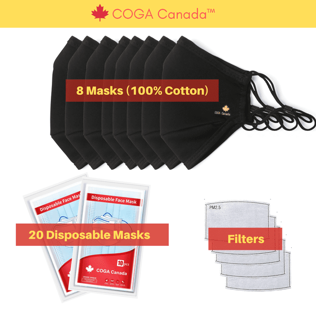 COGA Canada™ - Ensemble Combiné pour Adultes (Noir) - Masques pour le Visage Réutilisables 100 % Coton + Jetables + Filtres