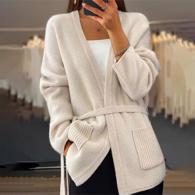 IMENGL Wool mid length solid knitted cardigan, White L, Size M-XL