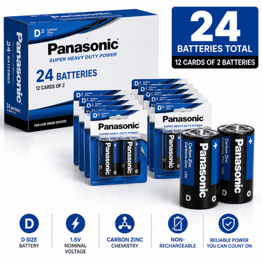 Panasonic D Piles au Zinc-Carbone Robustes, Non Rechargeables, Cellules d'Alimentation 1,5 V Longue Durée, 24 Pcs (12 Cartes de 2)