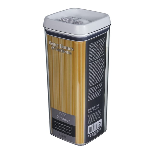 Better Homes & Gardens Flip-Tite® Storage Container, 13.5 Cups, clear square BPA-free plastic canister with white flip-top lid and gasket seal, stackable for space-saving dry food storage in kitchen or pantry.