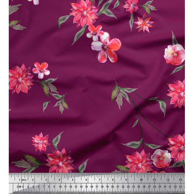 Soimoi Moss Tissu Georgette Feuilles et Fleurs Roses Tissu Imprimé 1 Yard 42 Pouces de Large