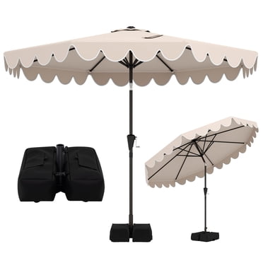 Costway Parasol de Patio 10 Pi avec Base Lestée, Sacs de Sable, Inclinaison à Bouton-Poussoir et Manivelle Beige