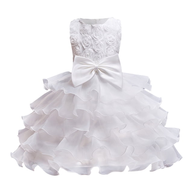 MIASHUI Robe de Concours pour Filles, Robe de Fête à Volants avec Fleurs, Robe de Bal de Mariage pour Enfants, Robe de Princesse Formelle, Blanc, 5-6 Ans