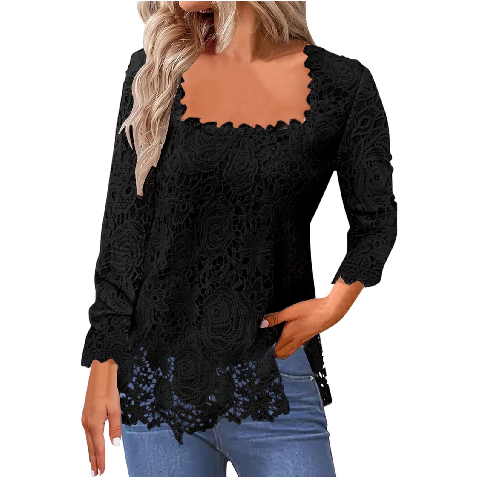 Timegard Womens Tops Lace Square Neck Long Sleeve Solid Color Blouse Fall Dressy Casual Tunic Tops