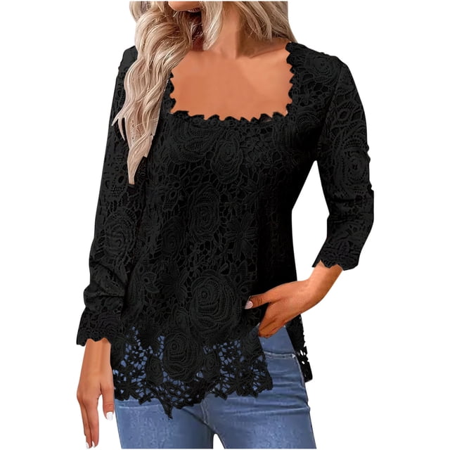 Timegard Hauts pour Femmes en Dentelle à Encolure Carrée à Manches Longues Blouse Unie d'Automne Chic Décontractée Tunique