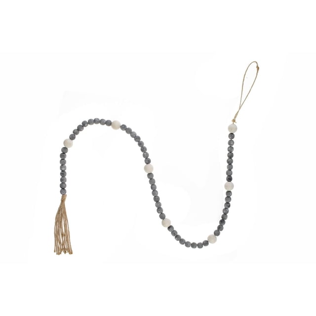 Dual Wood Bead Garland (Gray) with alternating gray and white wooden beads strung on natural twine, featuring a tassel and loop for hanging, ideal for Christmas tree decoration and complementing holiday ornaments.