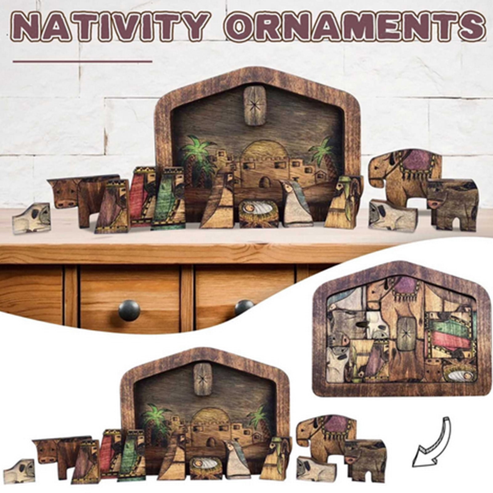 EGNMCR Nativity Puzzle With Wood Burned Design,Wooden Puzzle Game Nativity Set Photo Frame Jigsaw puzzle Birthday Gifts for Kids