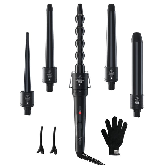 Ensemble de Baguettes de Fer à Friser 5 en 1, Baguette de Frisage Ohuhu Améliorée 5 Pcs 0,35 à 1,25 Po avec Baril en Céramique Interchangeable, Gant de Protection contre la Chaleur, Tondeuse à Cheveux à Double Tension pour Tous Types de Cheveux,