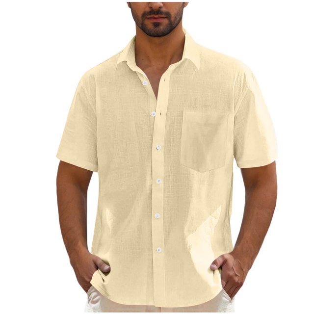 Admvng Chemises en Lin pour Hommes Décontractées Unies à Col Rabattu Chemise Boutonnée Manches Courtes P-2TG