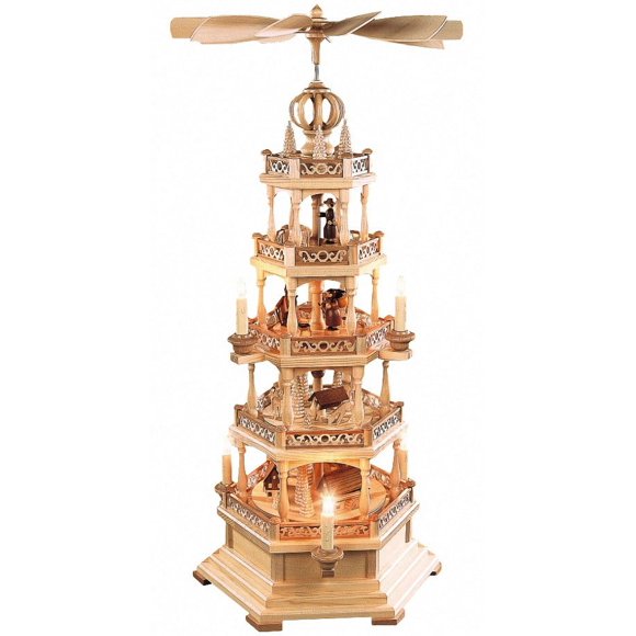 motif Pyramide de Noël Allemand Erzgebirge, 4 Niveaux, Hauteur 77 cm / 30 Pouces, Éclairé et Motorisé (120V, 50Hz pour USA et Japon), Naturel, Erzgebirge original par Müller Seiffen