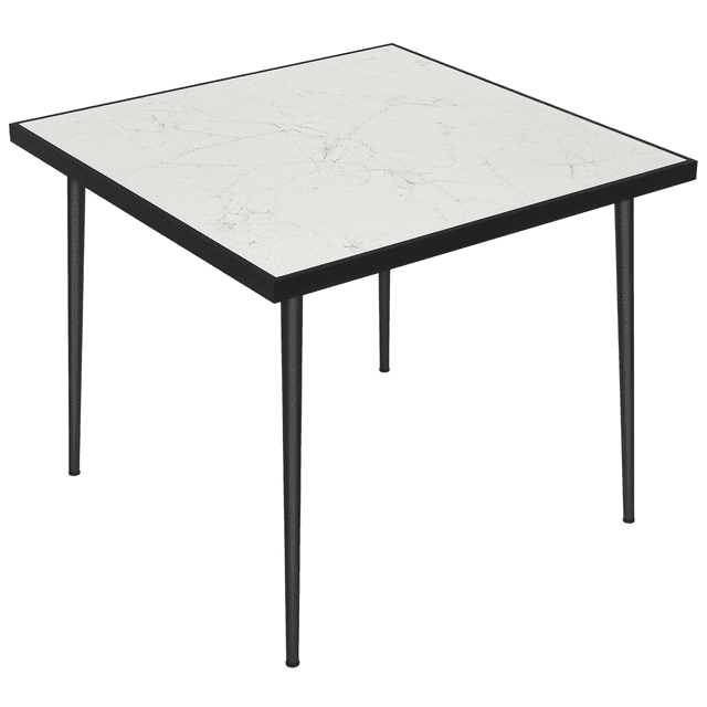 Outsunny Table à Manger d'Extérieur pour 4, Table à Manger Carrée pour Patio, Blanc. Cette Table Présente un Plateau Carré en Verre Trempé de 35,4 Po avec Effet Marbre, Soutenue par un Cadre en Acier Enduit de Poudre pour la Durabilité. Pieds Ajustables Assurent la Stabilité sur les surfaces Irrégulières. Conçue pour l'Extérieur, Elle Peut Accueillir jusqu'à Quatre Personnes et a une Capacité de Charge de 110 Lb (50 kg).
