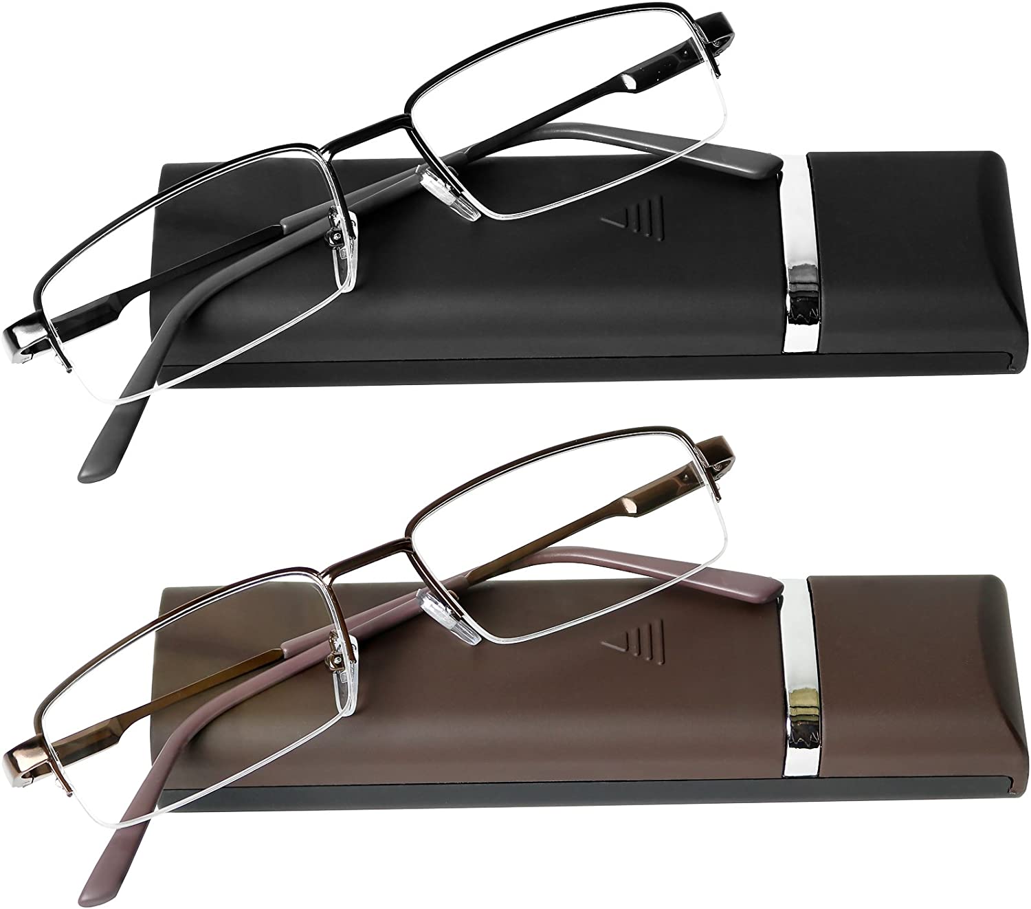 Reading glasses 2 Pair Black and Brown and with a Pouch of Ultra-thin Light-duty spring-loaded glasses for reading for Men and Women-up to