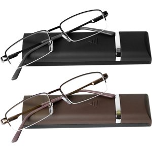 Reading glasses 2 Pair Black and Brown and with a Pouch of Ultra-thin Light-duty spring-loaded glasses for reading for Men and Women-up to
