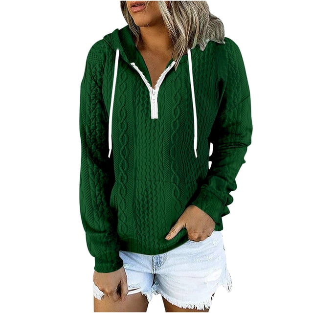 Besolor Womens Fall Fashion Quarter Zip Hoodies Sweatshirts Casual Long Sleeve Solid Color V Neck Drawstring Pullover Tops